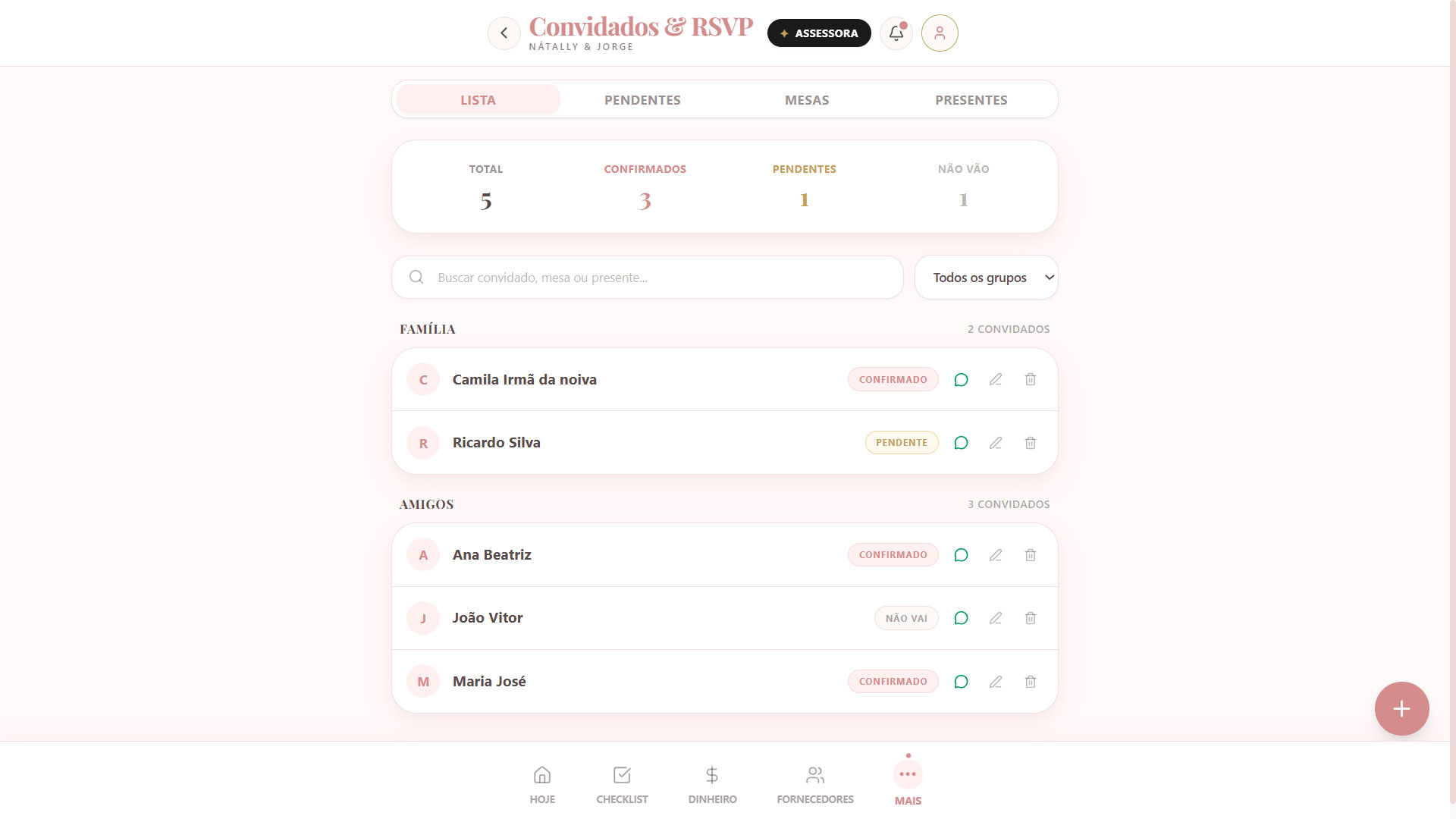 Lista de convidados e RSVP no app - Tela 1