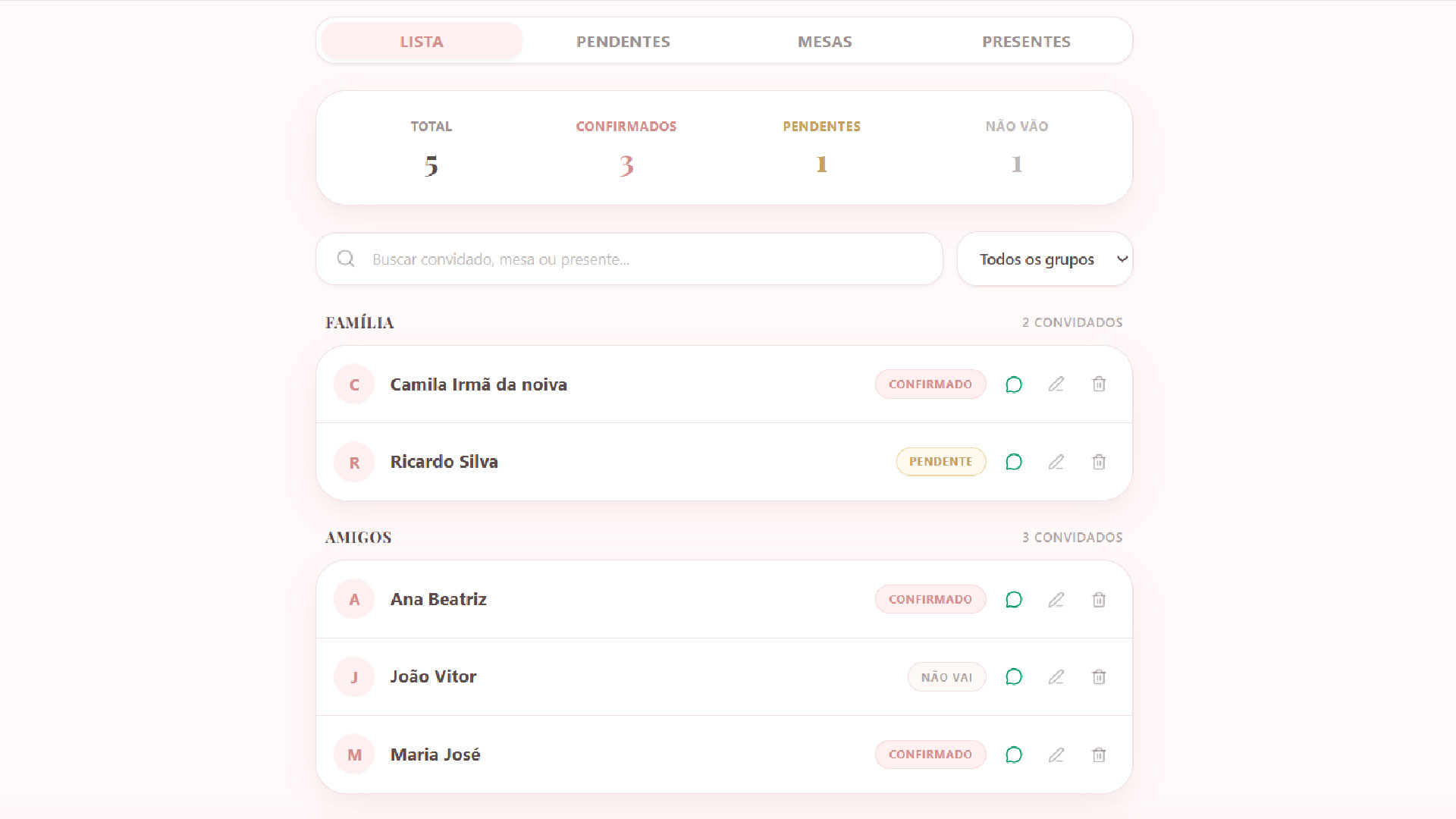 Lista de convidados e RSVP no app - Tela 2