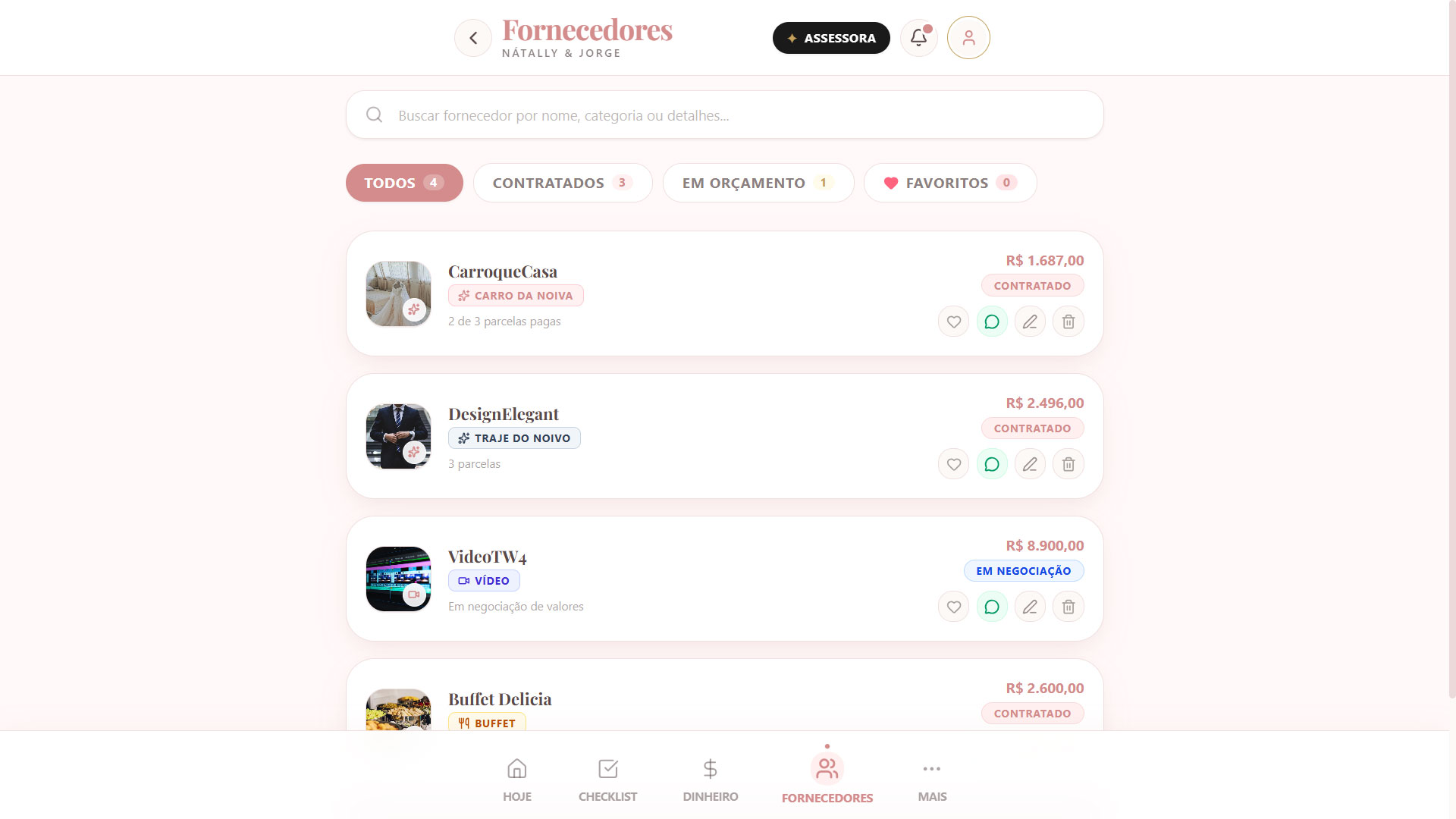 Fornecedores e Perguntas Estratégicas no app - Tela 1